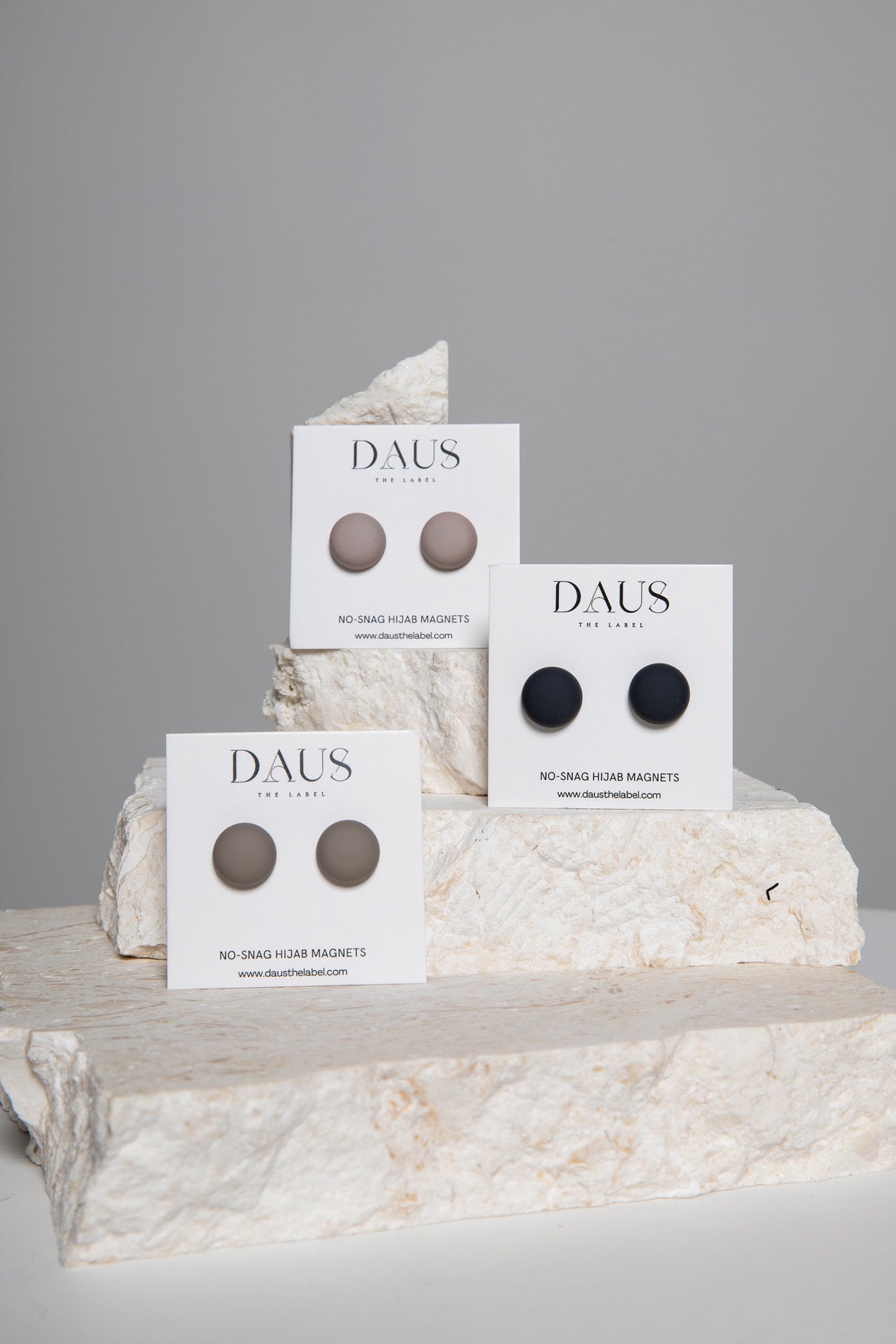 3 sets of no-snag magnets for hijabs, colours are beige, truffle and black. each pack comes in two set