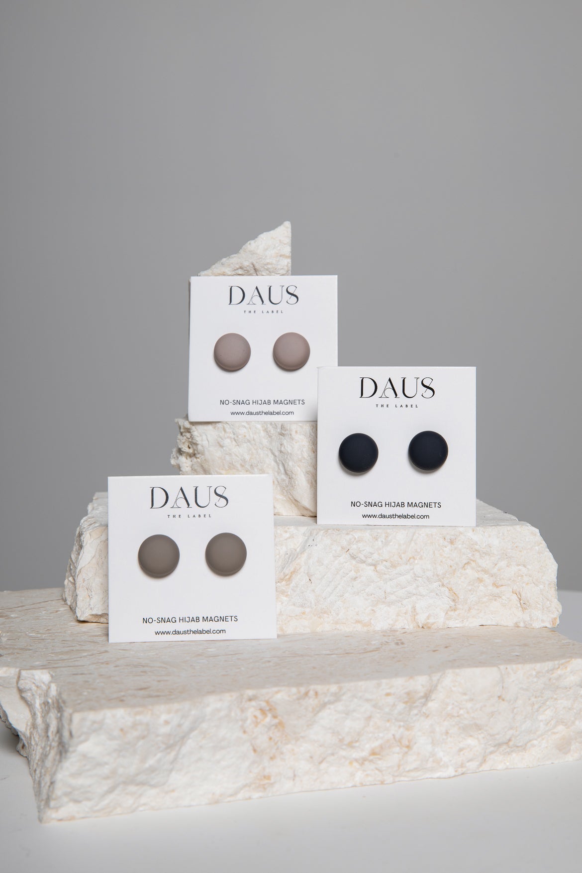 3 sets of no-snag magnets for hijabs, colours are beige, truffle and black. each pack comes in two set